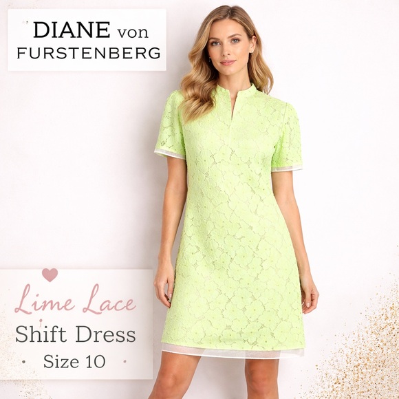 Diane Von Furstenberg Dresses & Skirts - Diane von Furstenberg DVF Lace Shift Dress Lime Green Designer Mini Sz 10